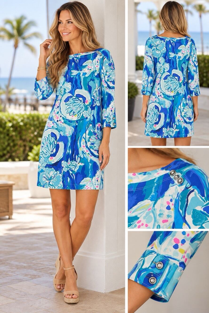 Lilly Pulitzer Blue Floral Shift Dress 3/4 Sleeve Button Detail Coastal XS